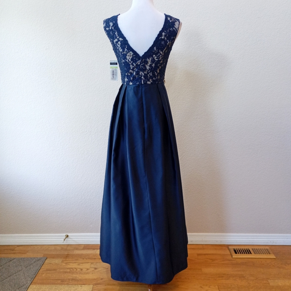 Cachet lace and satin navy blue jeweled waistband gown - Picture 7 of 13